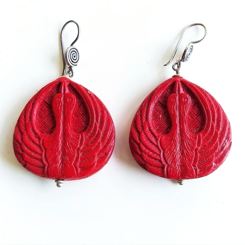 Vintage Double Swan Cinnabar Earrings